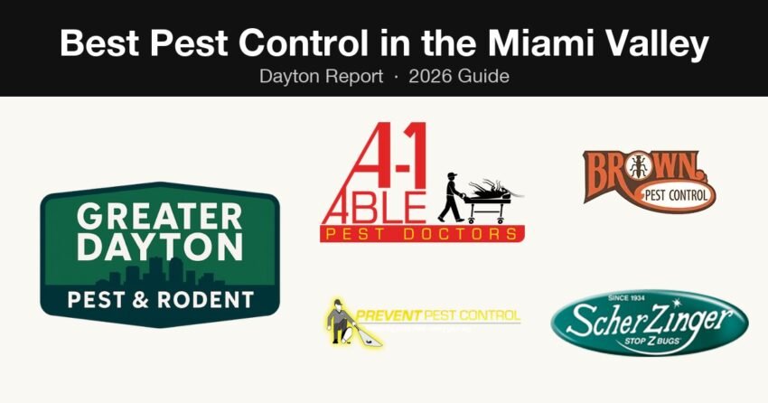 Logos of five Miami Valley pest control companies
